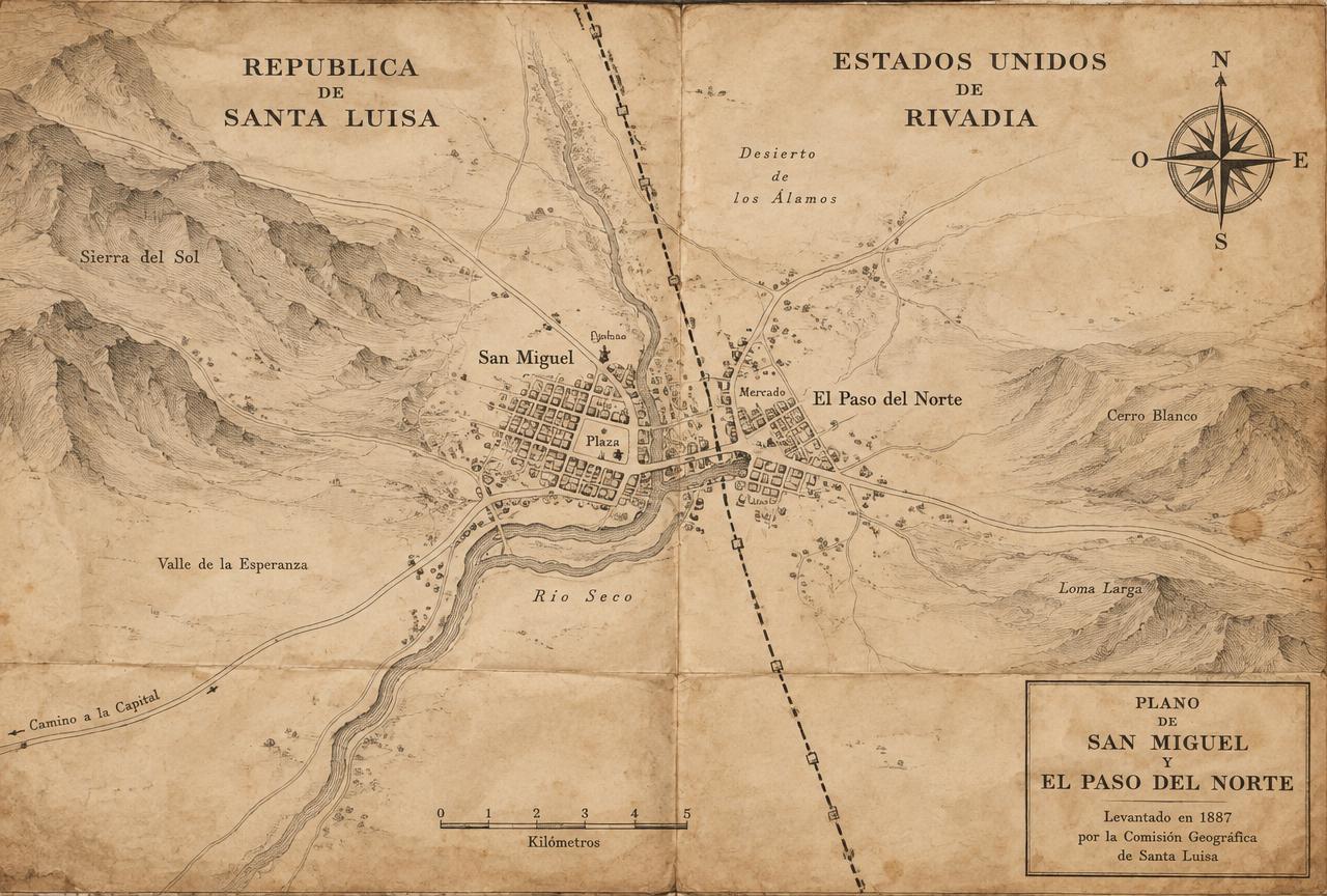Survey map of a border town divided by a national boundary, 1887