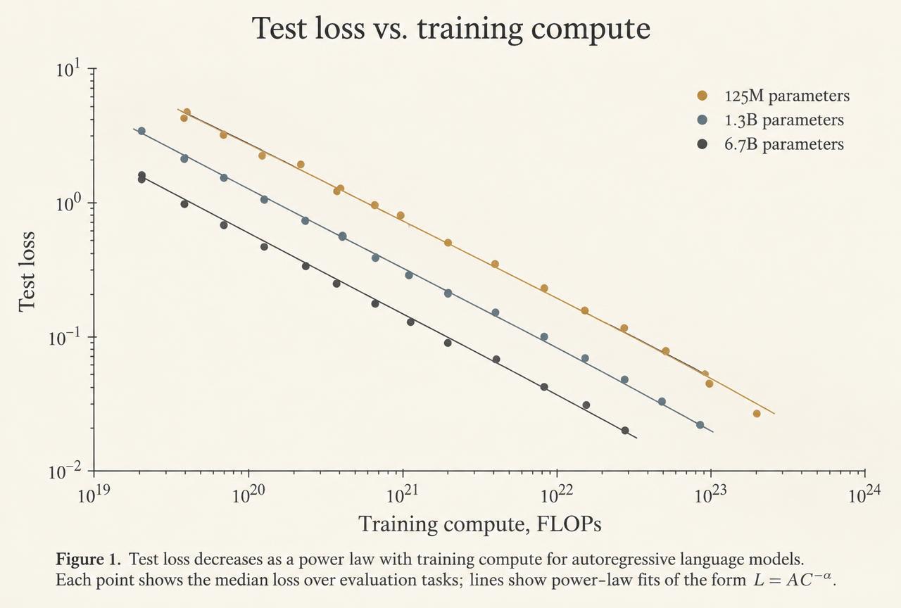 Test loss falls as a power law in training compute